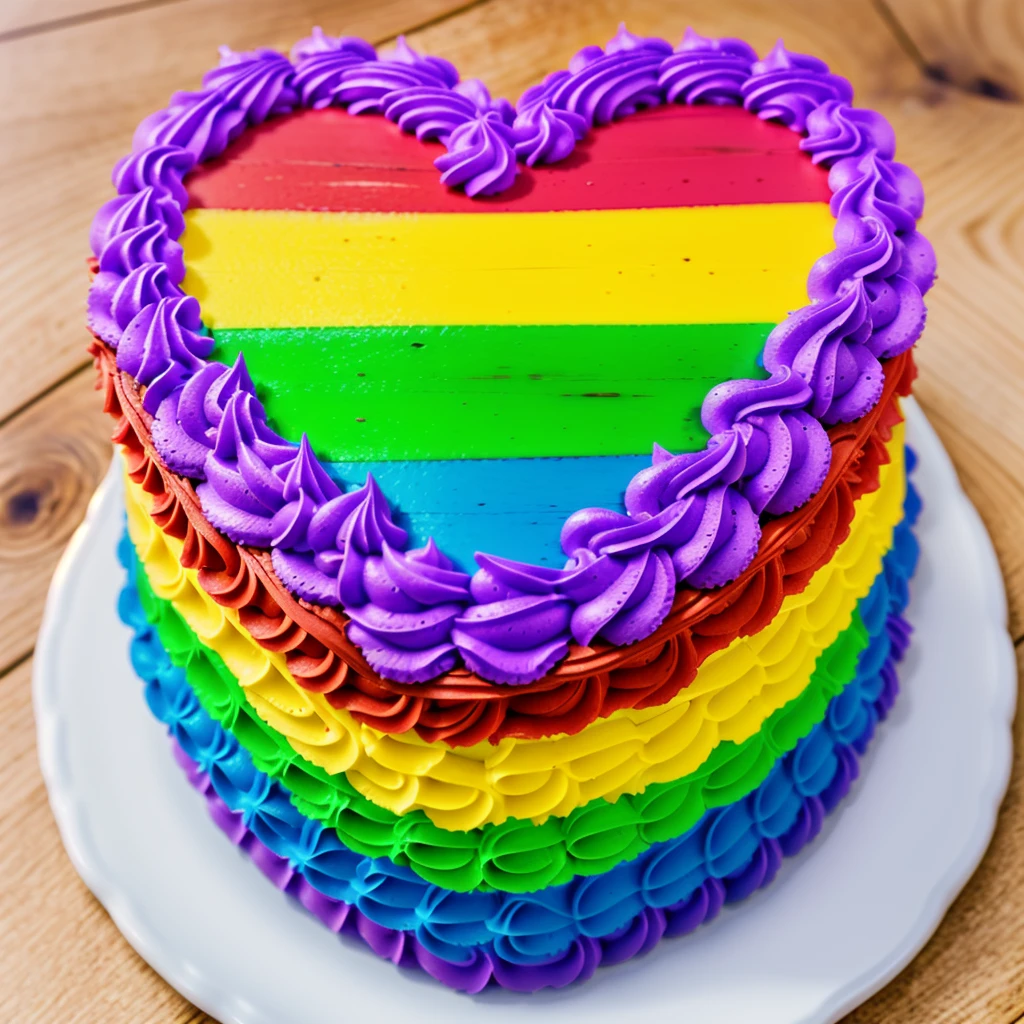 on a wooden table, there is a white plate with a heart-shaped cake, rainbow cream heart cake. star shaped cream, multi-colored heart on top, decorated with purple cream, cream with highlights, view from above,  Beautiful light from the window, beautiful lighting, Realistic style, realistic textures, high quality, high detail, detailed textures, ultra 4k hd, macro photography