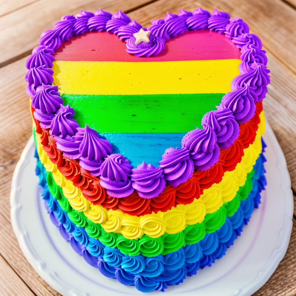 on a wooden table, there is a white plate with a heart-shaped cake, rainbow cream heart cake. star shaped cream, multi-colored heart on top, decorated with purple cream, cream with highlights, view from above, Beautiful light from the window, beautiful lighting, Realistic style, realistic textures, high quality, high detail, detailed textures, ultra 4k hd, macro photography