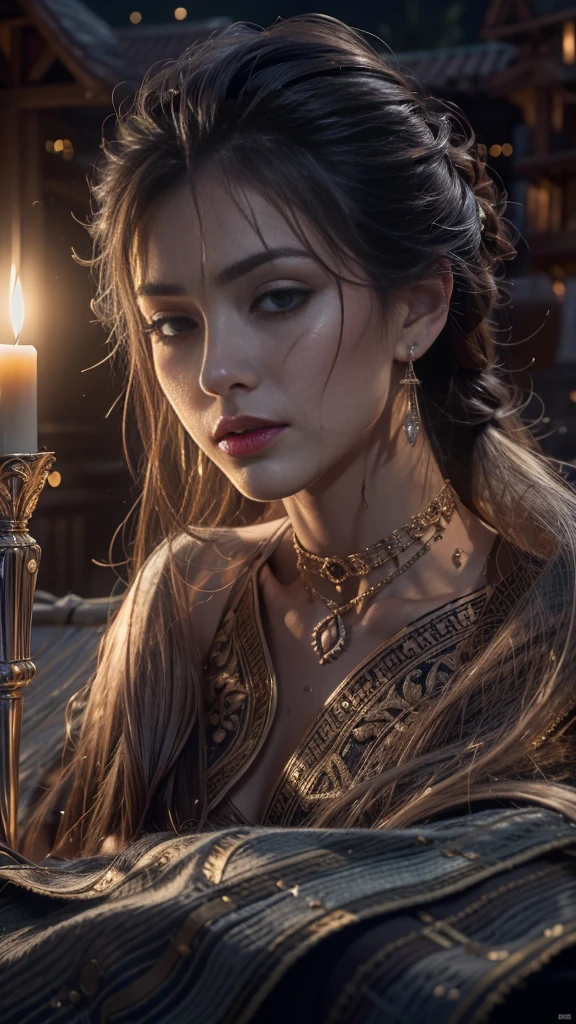(32k:1.5, Highest quality, masterpiece, Ultra-high resolution), Professional camera work:1.6, Very detailedな肌と顔の質感:1.3, Captivating portrait, Very accurate, Very detailed, 1 adult female, ((Amazing night view from the rooftop:1.4, The moonlight at night illuminates my body)), (Satin Nightgown:0.7), Incredibly slim body, Fair skin, elegant, Expressions of sadness, (Big eyes that exude beautiful eroticism:0.8, A dreamy look:1.0, I love you with all my heart:0.8, Open your mouth a little, lipstick, Feel the beautiful eroticism:0.9), (Wet dark brown medium length hair), Sensual sitting position, Candles, The chest is medium, Earrings, necklace, bracelet, (romantic, mysterious), Object of admiration, dramatic, Artistic, Innovative, attractive, sense of openness, sense of cleanliness, Special, Heartful, Fancy, exciting, Extreme, Tilt, ((Adult charm, Feminine charm, Hair blowing in the wind))