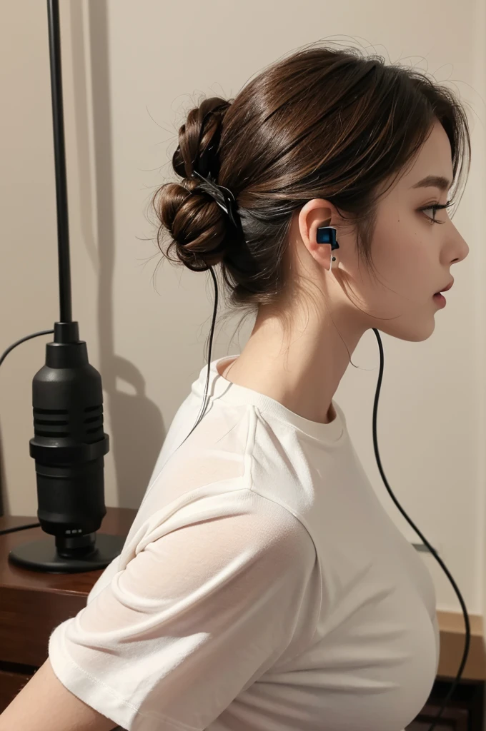 Masterpiece, best quality, very detailed, illustration,, Reboot, alone, big breasts, tits, microphone, earphones, realistic, brown hair, shirt, Cable, white shirt, from behind, microphone, microphone stand,