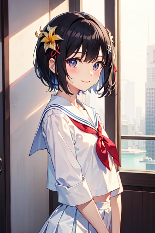 Black Hair、Iris、short hair、girl、16 years old、cute、、Sailor suit、Red ribbon、Small hair ornament、White uniform shirt on the upper body、The lower half of the body is a short uniform skirt、Look Back、A slightly happy look、