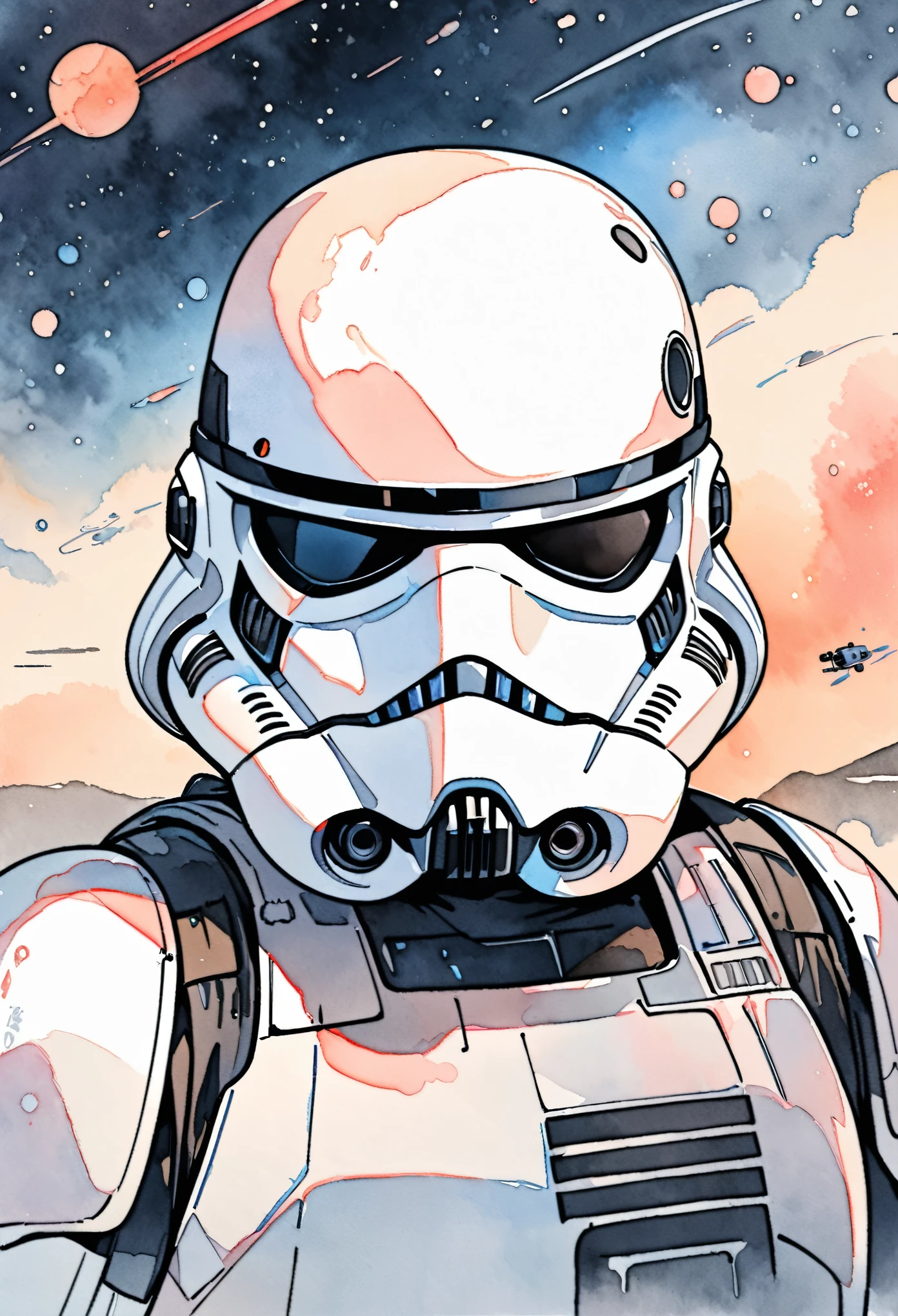 (masterpiece),(Highest quality),(Super detailed),(High resolution),((Line art)),((Watercolor)),8K,wallpaper,Stormtrooper,Star Wars,((The background is space)),Movie poster style