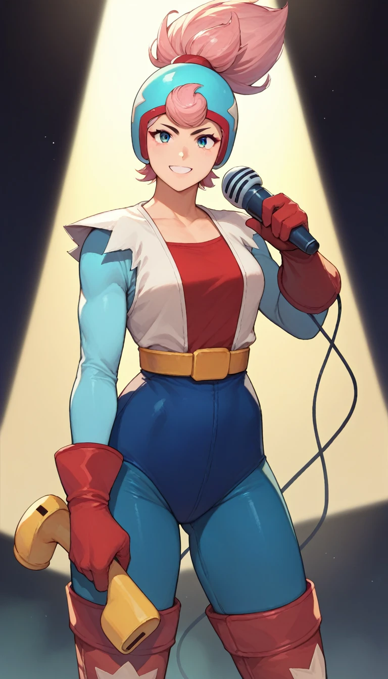 score_9, score_8_up, score_7_up, source_anime, solo, 1girl, bsjanet, smile, looking at viewer, holding microphone, ponytail, helmet, multicolored clothes, blue leotard, long sleeves, red gloves, thigh boots, belt, spotlight 