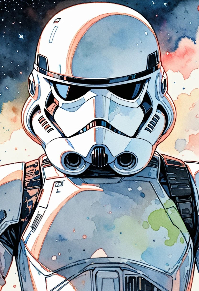 (masterpiece),(Highest quality),(Super detailed),(High resolution),((Line art)),((Watercolor)),8K,wallpaper,Stormtrooper,Star Wars,((The background is space)),Movie poster style