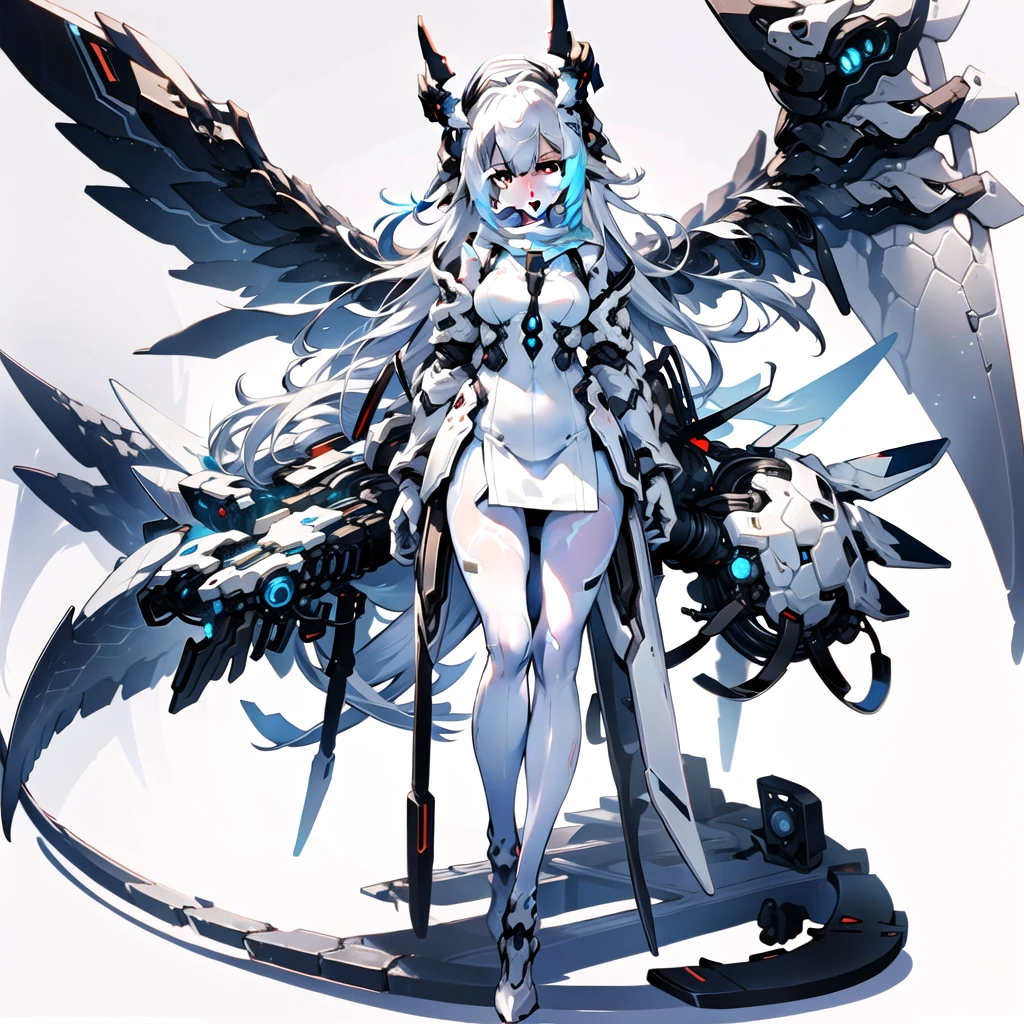 masterpiece, highest quality, highest resolution, clear_image, detailed details, White hair, long hair, cat ears, 1 girl, red eyes, white pantyhose, white sci-fi dress, white scarf (white scarf around the neckwith a light blue glow), gray futuristic halo (gray halo over the head), white wings (4 wings), cute, full body, no water marks, outer space