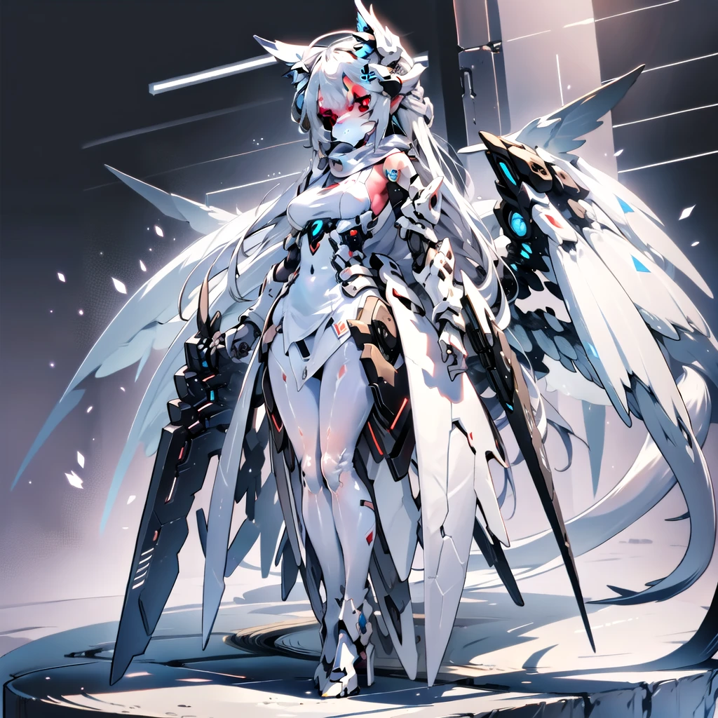 masterpiece, highest quality, highest resolution, clear_image, detailed details, White hair, long hair, cat ears, 1 girl, red eyes, white pantyhose, white sci-fi dress, white scarf (white scarf around the neckwith a light blue glow), gray futuristic halo (gray halo over the head), white wings (4 wings), cute, full body, no water marks, outer space