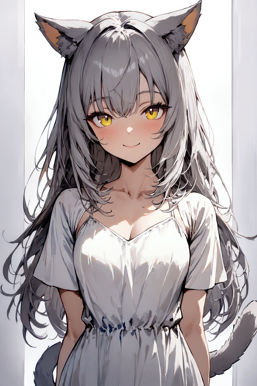 ((masterpiece)), ((best quality)), (from front, facing front:1.1), (close-up:1.2), (half-body shot:1.36), perfect anatomy, 1girl, solo, adult cat girl, long gray straight hair, yellow round eyes, gray cat ears, gray fluffy cat tail, basic short-sleeved loose white dress, smiling, looking at viewers