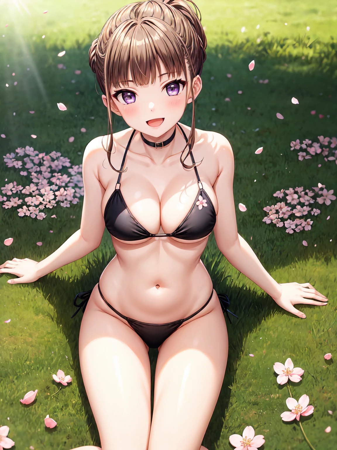 Masterpiece ,best quality , high resolution , ultra detail , colorful ,   (1 girl solo:1.3) , ( nemu manaka, brown hair, sidelocks, (purple eyes:1.1),) , (navel , belly , narrow waistline , bikini , micro bikini  , black thigh-high ), (sitting , sitting on ground) , (outdoor, lake , cherry blossom , grass , sunlight , daylight) , ( full face blush , shy , smile , open mouth , ) , (face viewer , look at the viewer , from view , fronm front)