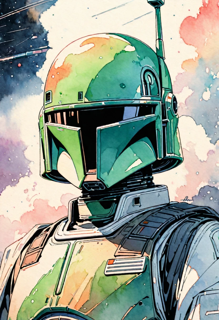 (masterpiece),(Highest quality),(Super detailed),(High resolution),((Line art)),((Watercolor)),8K,wallpaper,Boba Fett,Star Wars,((The background is space)),Movie poster style