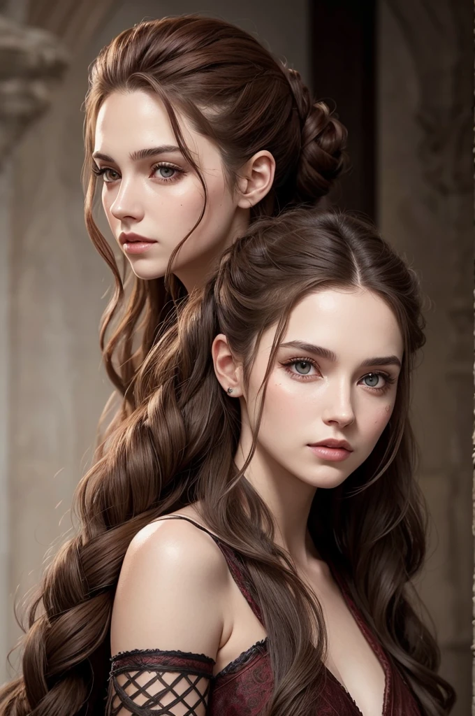 create a woman with long wavy brown hair, Valyrian clothing, reddish brown eyes and scar on the corner of the mouth, by her side a man with a noble but young appearance, straight and long platinum hair with half updo, eye patch covering a large scar on the left eye