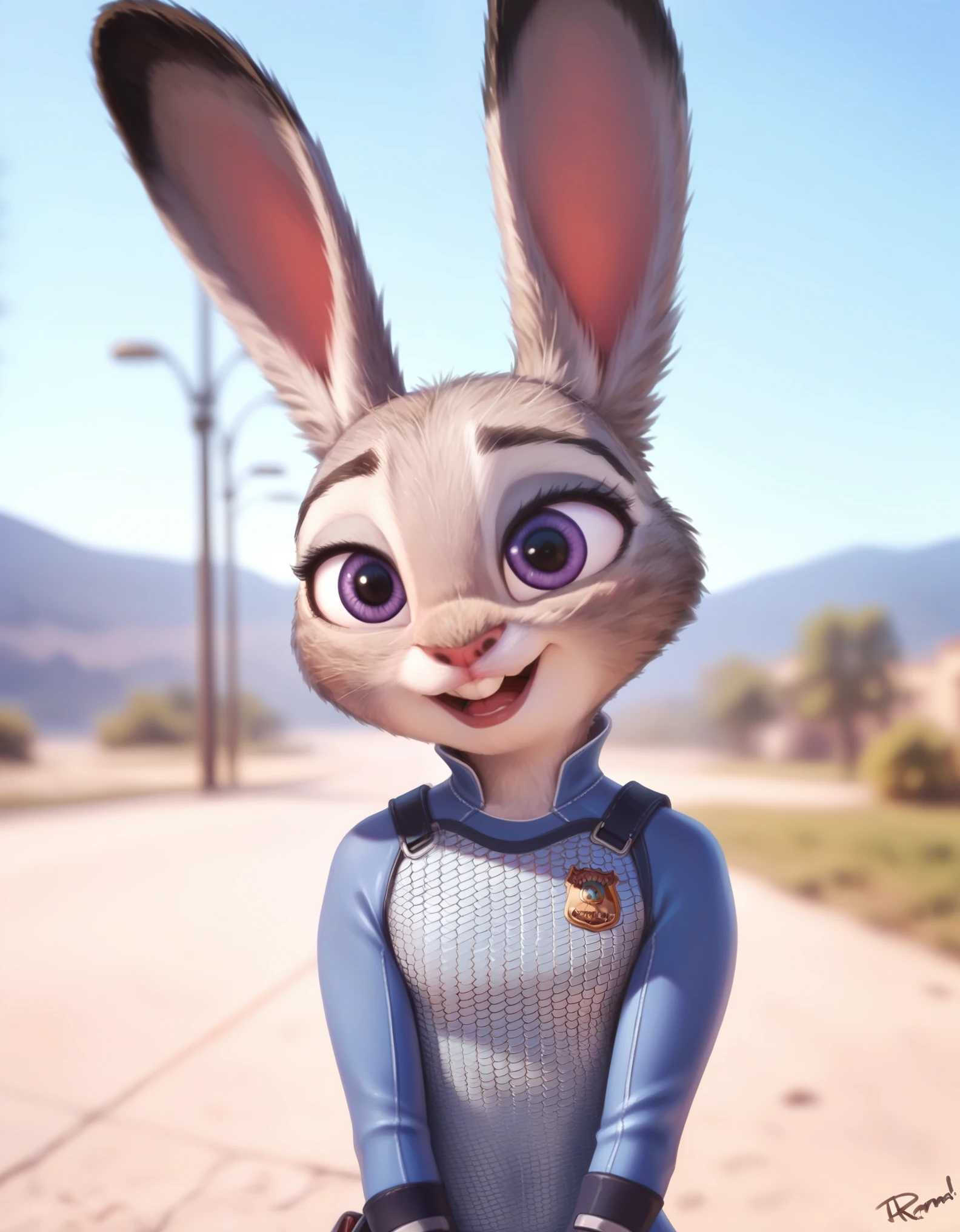 female,  judyhopps, ((slim judy hopps)), (front view), (cinematic lighting), backlighting, (shaded), detailed background, by dagasi, (by personalami), [by Ruan Jia],, (solo), photorealistic, hyperrealistic, fishnet bodysuit