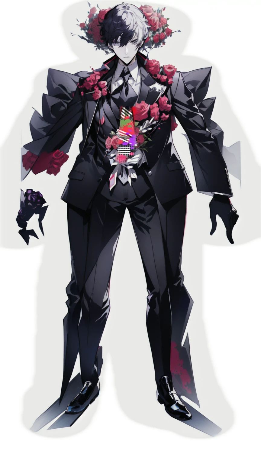 a cartoon image of a man in a suit and tie, persona 5 style, single character full body, full body with costume, persona 5 art style, persona art style, persona 5 art style wlop, yandere. tall, persona 5 inspired, anime full body illustration, persona 5 phantom thief style, clear outfit design, full body details