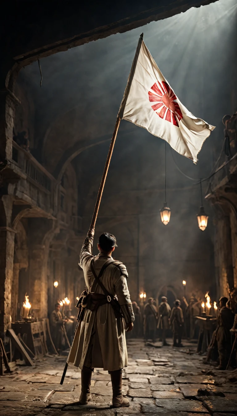 A dramatic still from a war movie showing the white flag raised in a climactic scene, holding a white flag, background war, hyper realistic, ultra detailed hyper realistic, photorealistic, Studio Lighting, reflections, dynamic pose, Cinematic, Color Grading, Photography, Shot on 50mm lens, Ultra-Wide Angle, Depth of Field, hyper-detailed, beautifully color, 8k, golden light from the front,