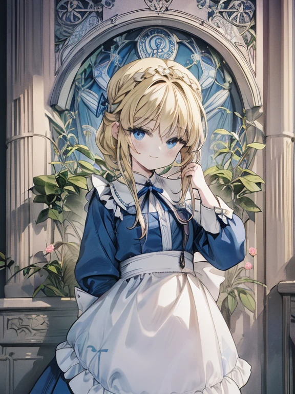 masterpiece, Highest quality, Very detailed, 16K, Ultra-high resolution, Cowboy Shot, Alice in Wonderland, (art nouveau:1.5), 10-year-old girl, Detailed face, smile, blue eyes, Blonde, Long Hair, (french braid:1.5), Ribbon on head, Blue clothes, White apron, In a room with a big clock