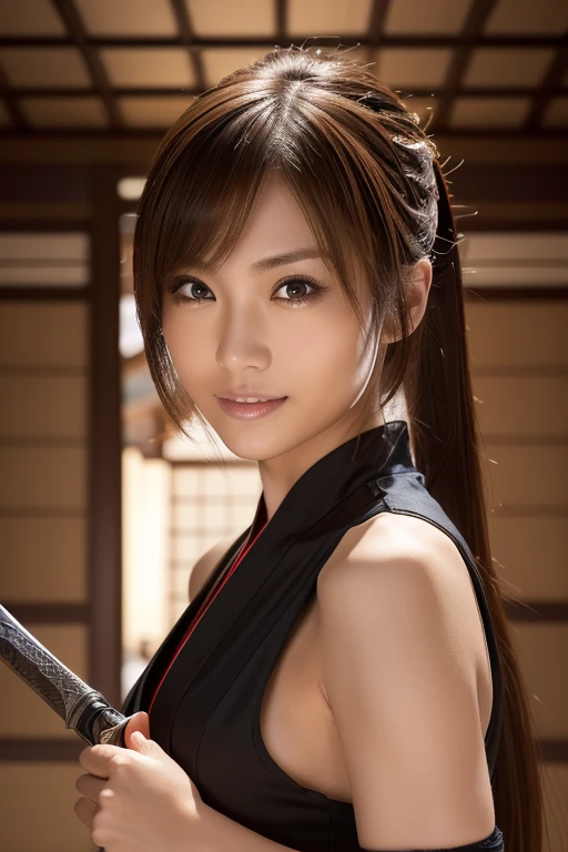 Female ninja holding a Japanese sword:1.5, Samurai residence, Dynamic, cinematic photos,(Ultra Realistic, High resolution), (Highly detailed eyes, Highly detailed hair, highly Detailed face, Highly detailed plump lips，Perfect Anatomy),(Highest quality:1.4), (Realistic, photo-Realistic:1.37), Professional photography, Cinematic Light, (Detailed face: 1.2), Waist line,smile