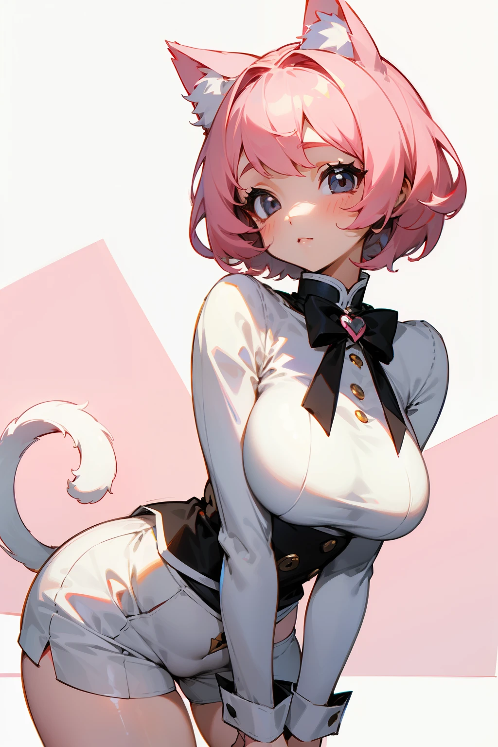 Cute girl, short white hair, white cat ears, white cat tail, black eyes, rosy cheeks, pink hair bow, big breasts, short pants 🎀