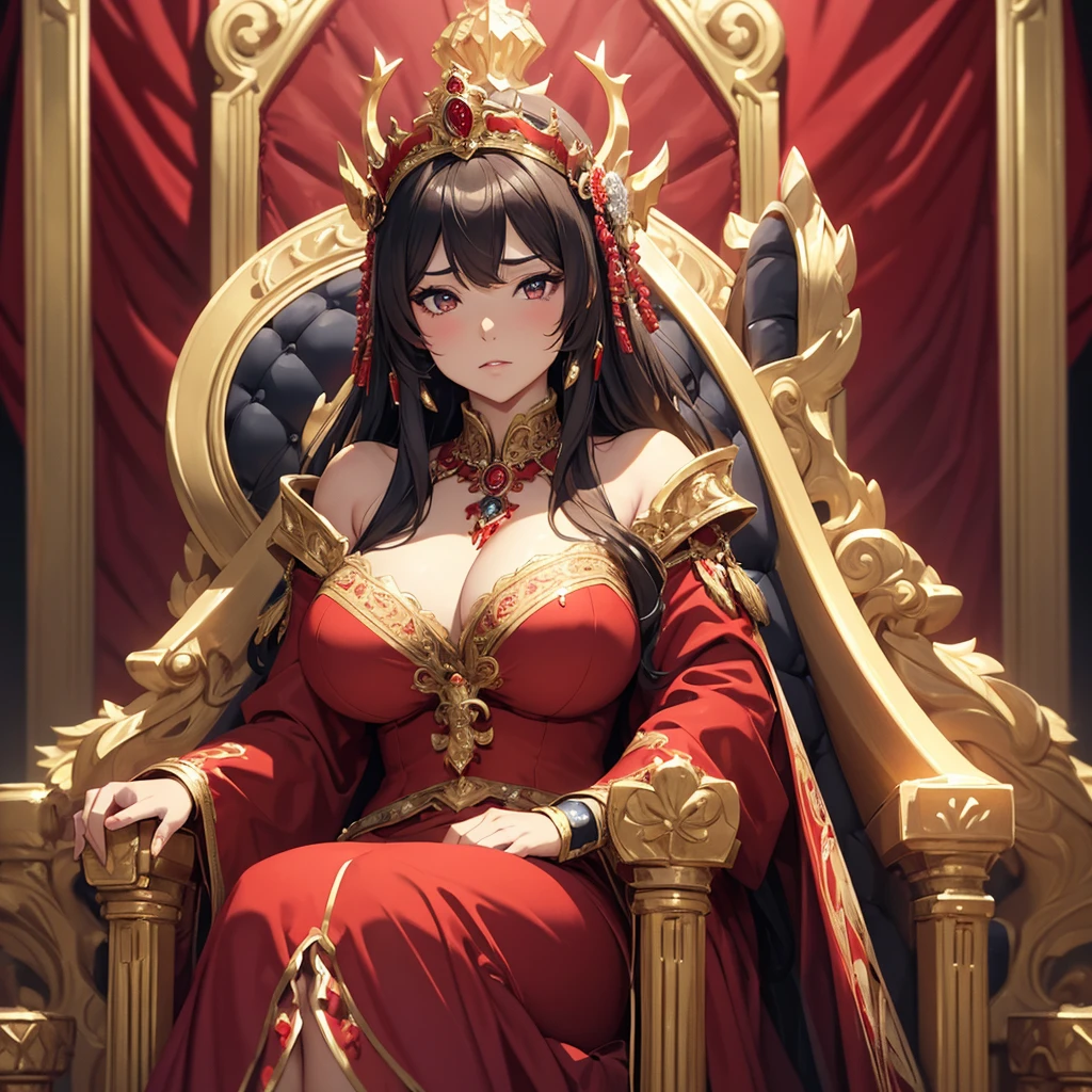 a woman with exaggerated large breasts, confident sitting on a throne, wearing a gorgeous red dress, a large ornate crown on her head, looking down at the viewer, detailed facial features, hyper-realistic, 8k, ultra-detailed, photorealistic, masterpiece, dramatic lighting, cinematic, oil painting、She is a Japanese woman、She is protected by the knights.