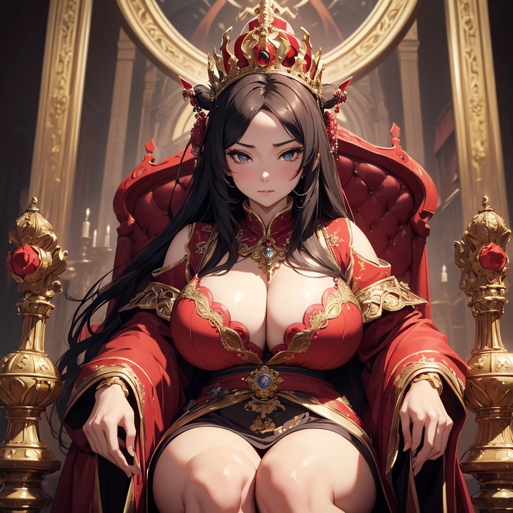 a woman with exaggerated large breasts, confident sitting on a throne, wearing a gorgeous red dress, a large ornate crown on her head, looking down at the viewer, detailed facial features, hyper-realistic, 8k, ultra-detailed, photorealistic, masterpiece, dramatic lighting, cinematic, oil painting、She is a Japanese woman、She is protected by the knights.