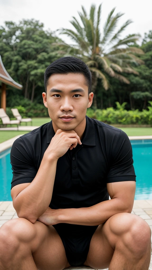 Thai man ,man,He is about 30 years old.,Rough and handsome appearance,Big muscleuscleหน้าอกขนาดใหญ่,(black polo shirt park:1.3),Big waistline,chest hair,sitting on the roadside,Wearing the tongs,buzz cut, angry, sullen, best quality, Masterpiece,(outdoor background road :1.5),(Have muscles:4.5),(fat:1.5),(gray hair:1.5 ),(gray body hair:1.5),(skin wrinkles:1.5),(shine on the skin:1.5),(best quality,High resolution,Masterpiece:1.2),The eyes are natural and delicate.,1 person,alone,gay asian,muscle,Long legs,brave,short hair details,conjunctivitis ,stalwart,brown eyes,In the swimming pool,