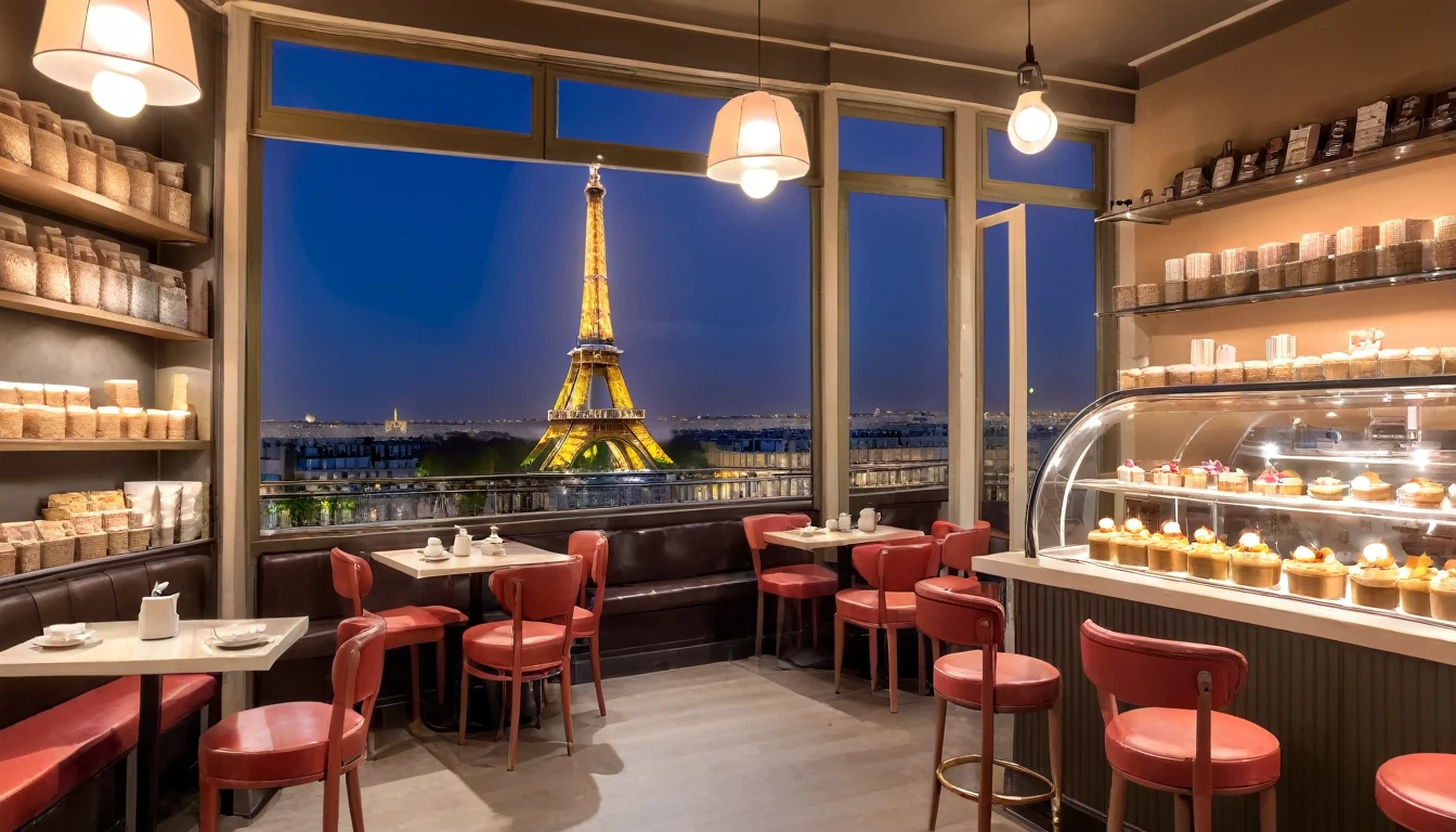a cozy night time at a Parisian coffe shop interior with cozy lighting and sweets in the shelves. There are tables and coffee cups in the tables. There is a big window in the middle of the coffees hop and the outside view is this eiffel tower