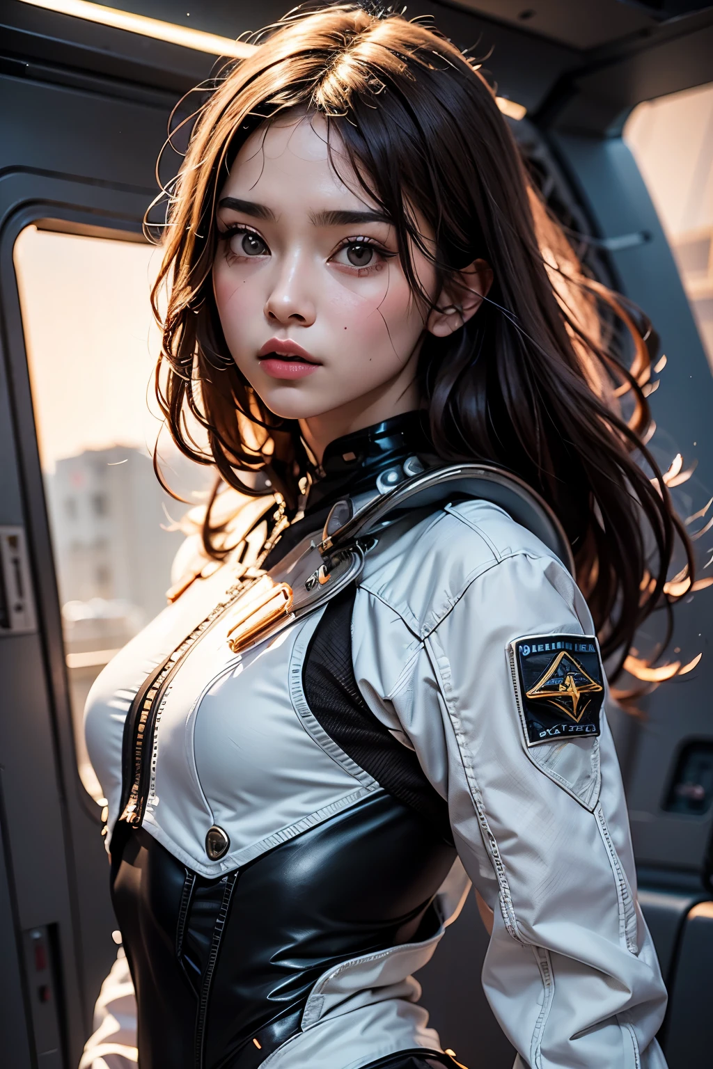 ((best quality)), (masterpiece)), (detail: 1.4), 3d, Ridiculous decision, high resolution, (masterpiece: 1.4), Extremely detailed, Beauty 1 person, future派女性形象, Shiny Brown Hair, Beautiful brown eyes, Pretty Face, years, spaceship, floating, small, Space suit, spaceship, window, future, Dynamic poses, Change of clothes.