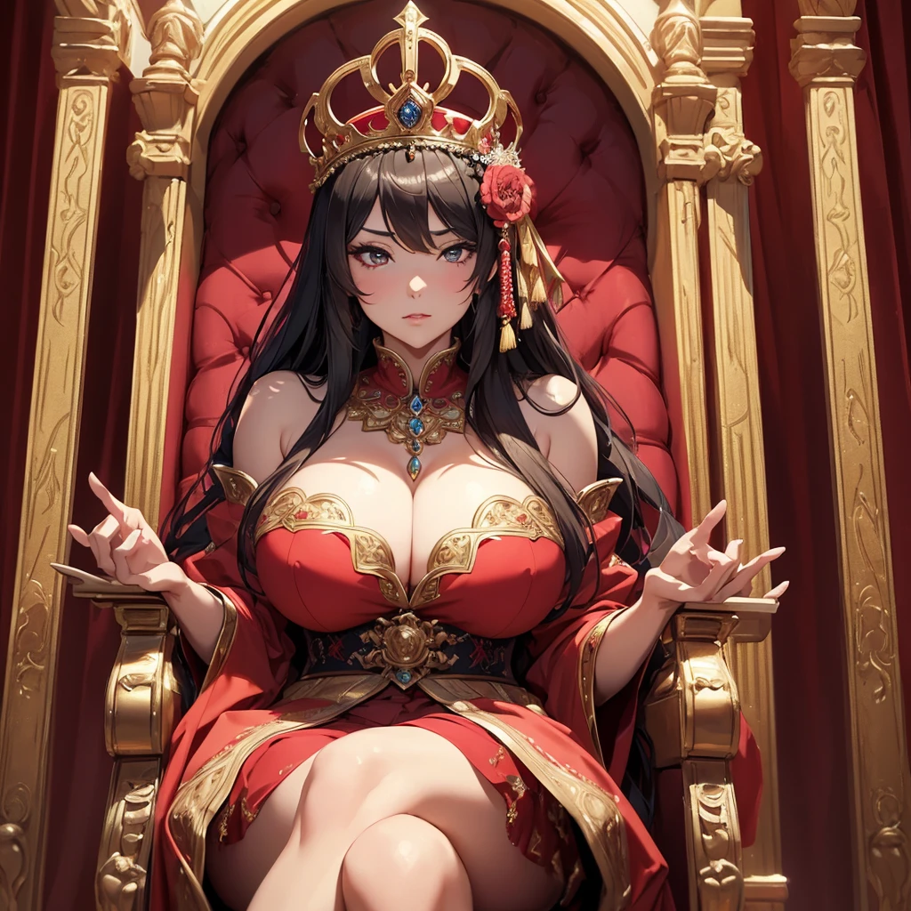 a woman with exaggerated large breasts, confident sitting on a throne, wearing a gorgeous red dress, a large ornate crown on her head, looking down at the viewer, detailed facial features, hyper-realistic, 8k, ultra-detailed, photorealistic, masterpiece, dramatic lighting, cinematic, oil painting、She is a Japanese woman、She is protected by the knights.