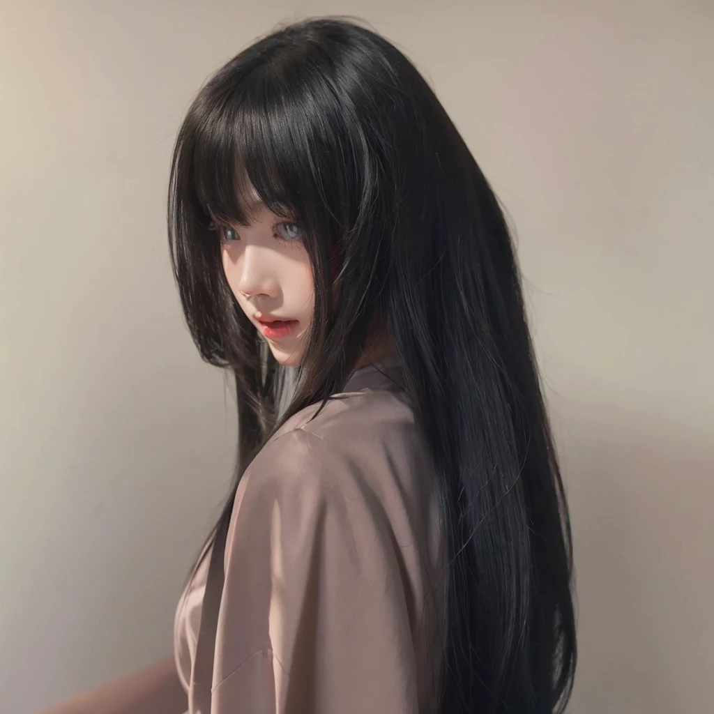 Princess cut long straight hair，Natural and beautiful hair，Color uniform black，Pure color background advanced simplicity