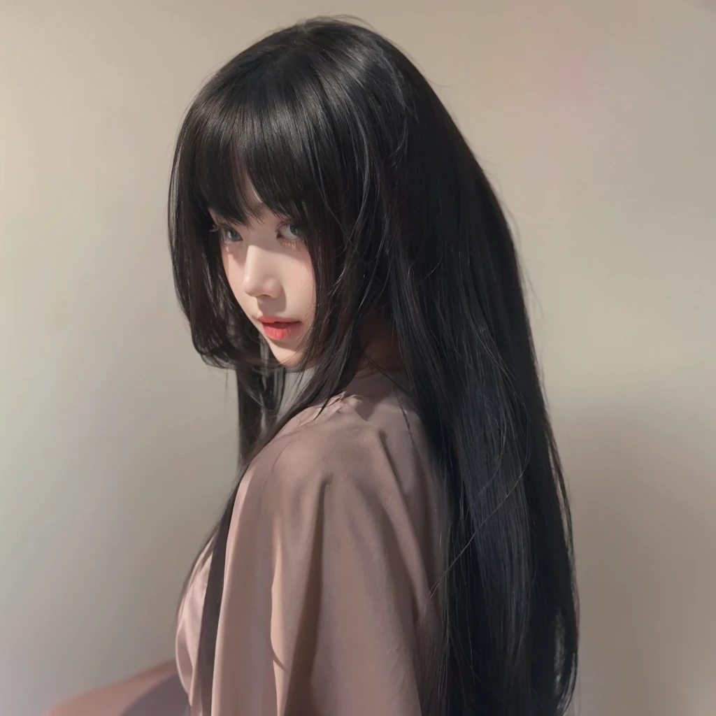Princess cut long straight hair,Natural and beautiful hair,Color uniform black,Pure color background advanced simplicity