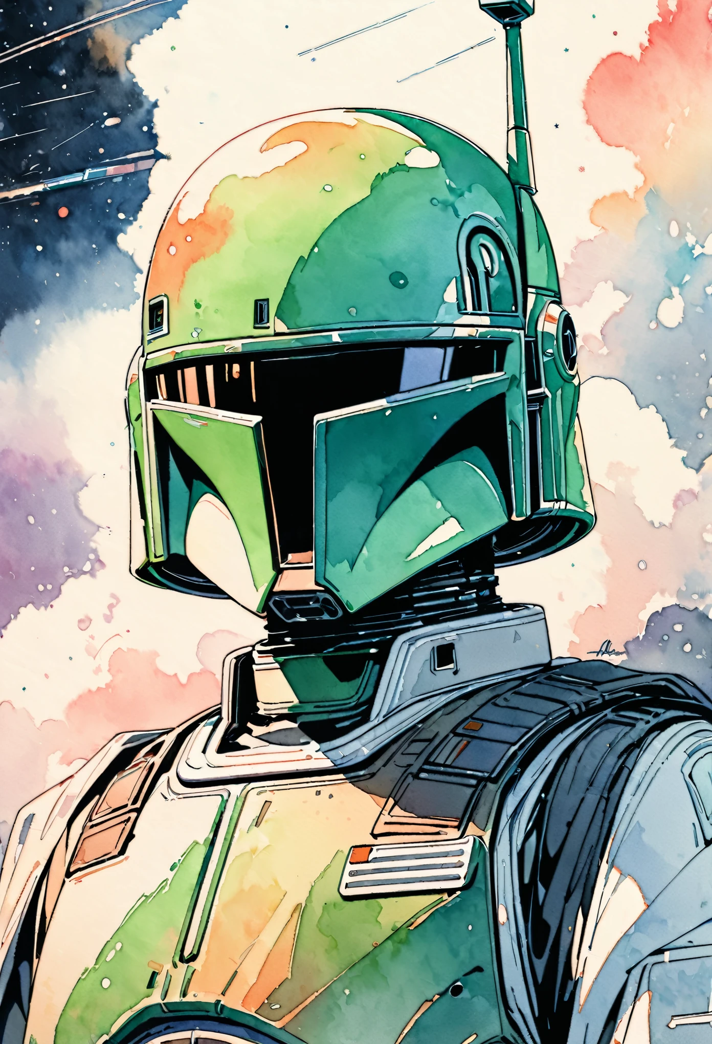 (masterpiece),(Highest quality),(Super detailed),(High resolution),((Line art)),((Watercolor)),8K,wallpaper,Boba Fett,Star Wars,((The background is space)),Movie poster style