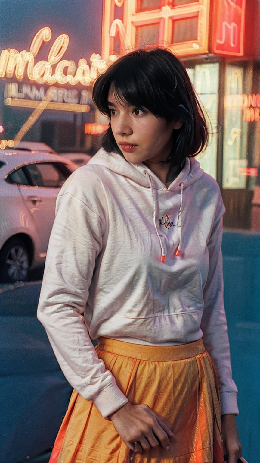 portrait of a 23 yo girl, plum body ,wear ((orange color oversized hoodie)), wear ((purple tennis skirt)),looking front,Best Quality,Masterpiece,Ultra High Resolution,(Realisticity:1.4),Original Photo, 1Girl, light leak,ultra high resolution,UHD,beautiful, (black bob hair), almond eye, no makeup, in front of (80's mondrian architecture colorful motel), (realistic:1.2), (surreal:1.3), (very detailed:1.1), ((masterpiece)),summer, blue sky, palm trees,sunny, los angles vibes,film camera, 800mm lens,style of Philip Lorca diCorcia