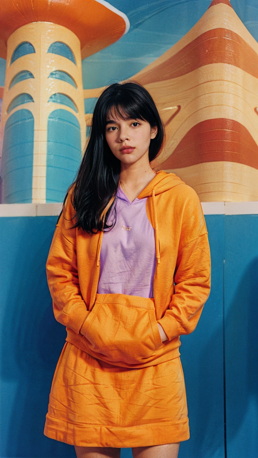 portrait of a 23 yo girl, plum body ,wear ((orange color oversized hoodie)), wear ((purple tennis skirt)),looking front,Best Quality,Masterpiece,Ultra High Resolution,(Realisticity:1.4),Original Photo, 1Girl, light leak,ultra high resolution,UHD,beautiful, (black bob hair), almond eye, no makeup, in front of (80's mondrian architecture colorful motel), (realistic:1.2), (surreal:1.3), (very detailed:1.1), ((masterpiece)),summer, blue sky, palm trees,sunny, los angles vibes,film camera, 800mm lens,style of Philip Lorca diCorcia