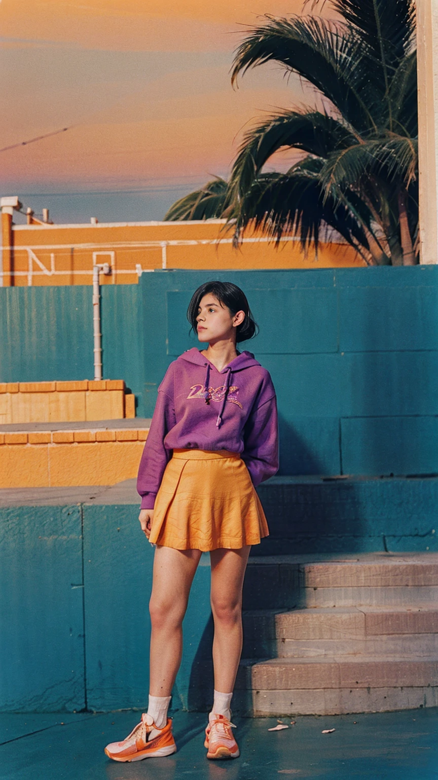 portrait of a 23 yo girl, plum body ,wear ((orange color oversized hoodie)), wear ((purple tennis skirt)),looking front,Best Quality,Masterpiece,Ultra High Resolution,(Realisticity:1.4),Original Photo, 1Girl, light leak,ultra high resolution,UHD,beautiful, (black bob hair), almond eye, no makeup, in front of (80's mondrian architecture colorful motel), (realistic:1.2), (surreal:1.3), (very detailed:1.1), ((masterpiece)),summer, blue sky, palm trees,sunny, los angles vibes,film camera, 800mm lens,style of Philip Lorca diCorcia