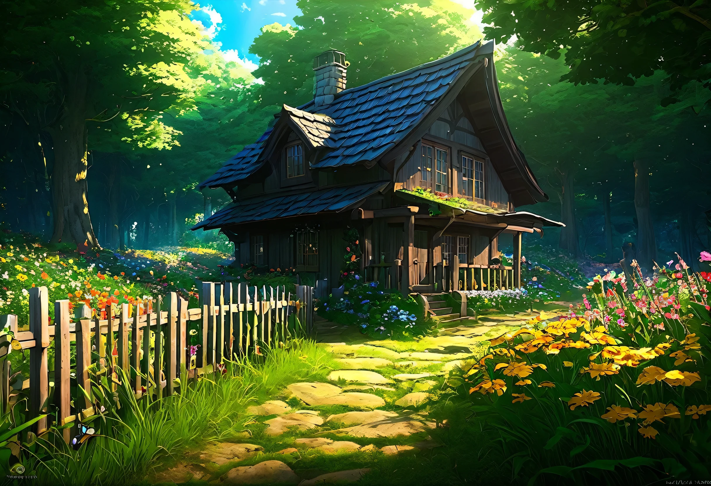 anime, the small house in the forest, girl, boy、fence, flower bed,Full of flowers、 butterfly, wood, Grass, sunbeams, sun, Concept art inspired by Andreas Rocha, CG society hot topic, Fantasy art, the small house in the forest, cottage in the woods, anime background art, Hut in the forest, beautiful anime scene, beautiful anime scenery、Fairy tale、