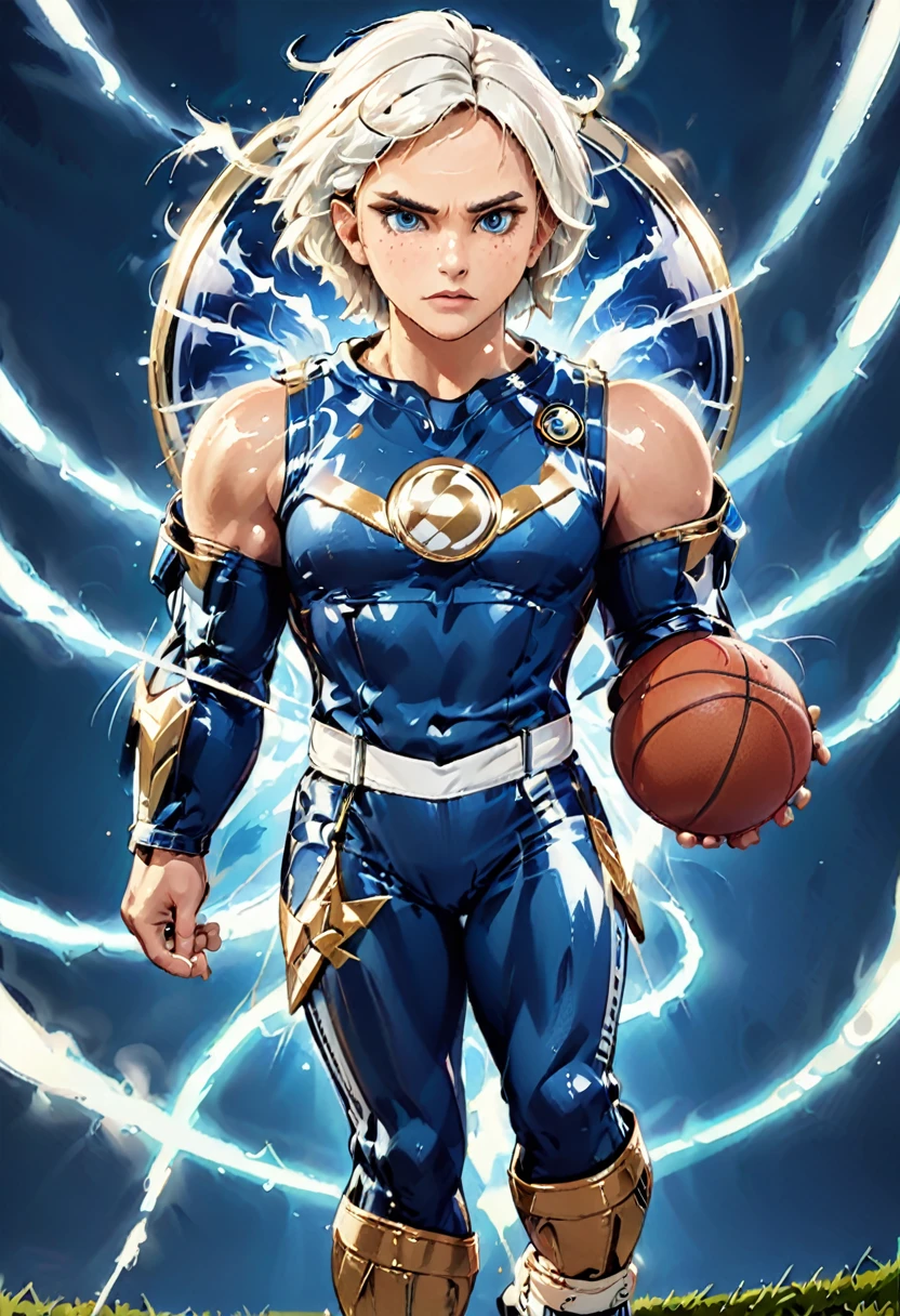 Create an image for "Olympic Bet". It relates to sports (football, basketball, MMA, American football) and sports betting. The image should have the following details: A background divided diagonally in two vibrant colors, blue on the left and gold on the right. As a central element, a strong, muscular Zeus-like hand grasping a bright lightning bolt in the center of the image. Lightning Details: The lightning bolt should have dynamic sparks, and money symbols like bills and coins should emanate from it, along with small sports icons like a soccer ball, basketball, MMA glove, American football helmet. Place the name "Olympic Bet" at the bottom of the image in a bold, modern font, in a color that contrasts well with the background, such as white or gold. For the border, circle around the entire image in a contrasting color, such as white, to ensure it stands out against any background.