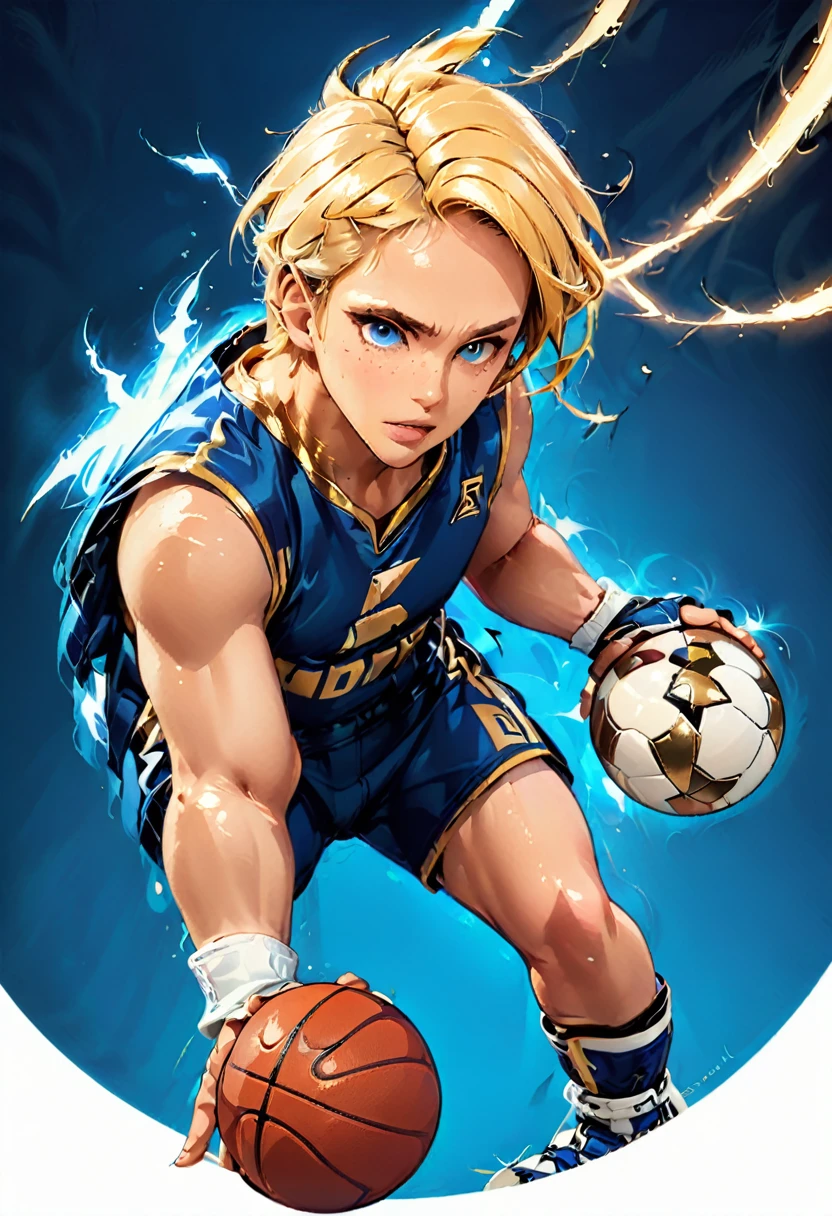 Create an image for "Olympic Bet". It relates to sports (football, basketball, MMA, American football) and sports betting. The image should have the following details: A background divided diagonally in two vibrant colors, blue on the left and gold on the right. As a central element, a strong, muscular Zeus-like hand grasping a bright lightning bolt in the center of the image. Lightning Details: The lightning bolt should have dynamic sparks, and money symbols like bills and coins should emanate from it, along with small sports icons like a soccer ball, basketball, MMA glove, American football helmet. Place the name "Olympic Bet" at the bottom of the image in a bold, modern font, in a color that contrasts well with the background, such as white or gold. For the border, circle around the entire image in a contrasting color, such as white, to ensure it stands out against any background.