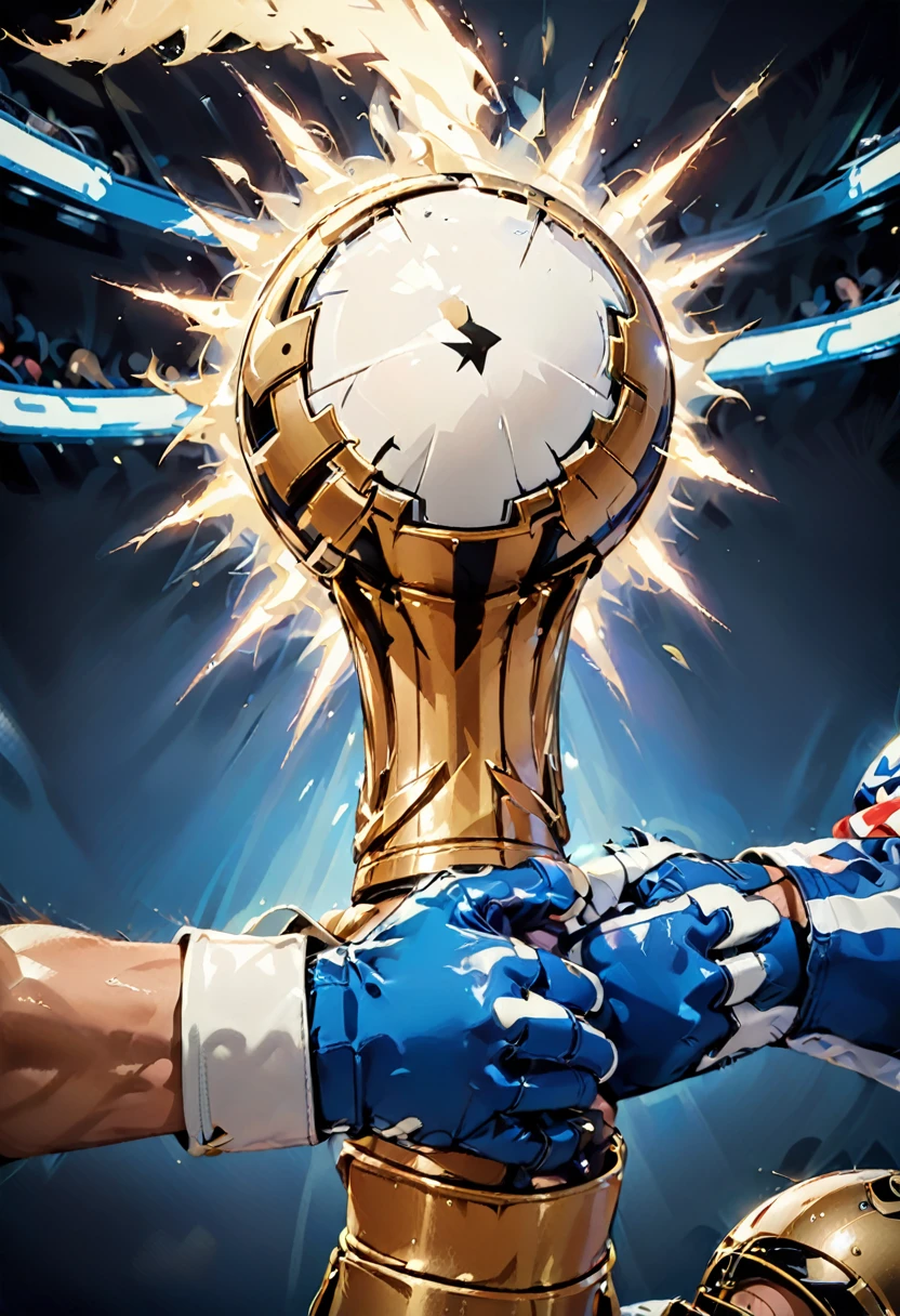 Create an image for "Olympic Bet". It relates to sports (football, basketball, MMA, American football) and sports betting. The image should have the following details: A background divided diagonally in two vibrant colors, blue on the left and gold on the right. As a central element, a strong, muscular Zeus-like hand grasping a bright lightning bolt in the center of the image. Lightning Details: The lightning bolt should have dynamic sparks, and money symbols like bills and coins should emanate from it, along with small sports icons like a soccer ball, basketball, MMA glove, American football helmet. Place the name "Olympic Bet" at the bottom of the image in a bold, modern font, in a color that contrasts well with the background, such as white or gold. For the border, circle around the entire image in a contrasting color, such as white, to ensure it stands out against any background.