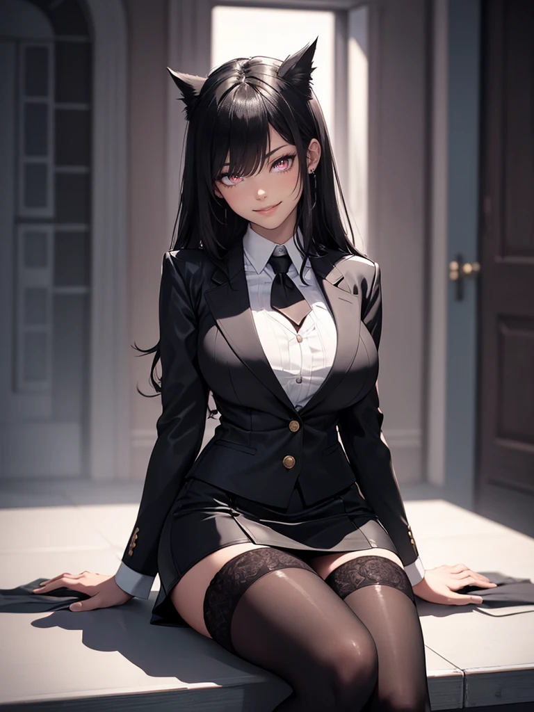 (highest quality:1.2,evil lady,cg, Very detailed, High Detail, digital coloring, High Contrast, masterpiece:1.2,suits, highest quality, Best aesthetics), 8k,masterpiece, cute,tall,beautiful,best quality, 1lady,black hair,long hair,empty eyes, (finely detailed glowing eyes and detailed face),,,,extremely detailed cg unity 8k wallpaper,solo,(latex military costume:0.9),large breasts,seductive smile,,latex thighhigh,large breasts,black hair,pink eyes,formal shirts,pantyhose,,enamel suits,grossy lips,sitting,tight skirt,sadistic smile,,heel,shiny skin,tight skirt,detailed face,beautiful body,,adult,,show me breasts,sadistic,seductive smile,business suits,latex,no tie,bust shot