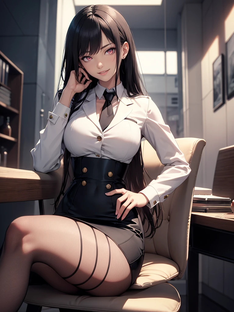 (highest quality:1.2,evil lady,cg, Very detailed, High Detail, digital coloring, High Contrast, masterpiece:1.2,suits, highest quality, Best aesthetics), 8k,masterpiece, cute,tall,beautiful,best quality, 1lady,black hair,long hair,empty eyes, (finely detailed glowing eyes and detailed face),,,,extremely detailed cg unity 8k wallpaper,solo,(latex military costume:0.9),large breasts,seductive smile,,latex thighhigh,large breasts,black hair,pink eyes,formal shirts,pantyhose,,enamel suits,grossy lips,sitting,tight skirt,sadistic smile,,heel,shiny skin,tight  skirt,detailed face,beautiful body,,adult,,show me breasts,sadistic,seductive smile,business suits,latex,no tie,bust shot