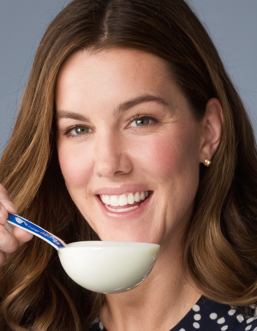 kate, face, eats yogurt from a spoon
