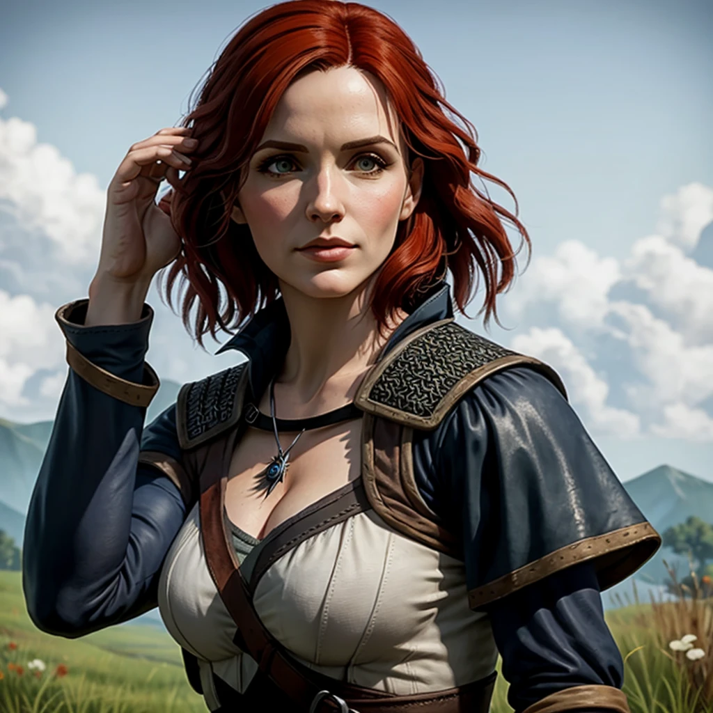 Triss Merigold de the witcher, whole body, simple background, hand on chin, looking to the horizon, realistic style, high resolution, full HD. image size, full HD