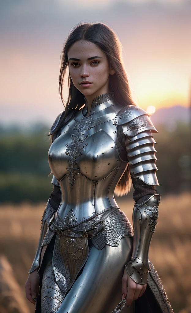 (masterpiece), (extremely intricate:1.3), (realistic), portrait of a girl, the most beautiful in the world, (medieval armor), metal reflections, upper body, outdoors, intense sunlight, far away castle, professional photograph of a stunning woman detailed, sharp focus, dramatic, award winning, cinematic lighting, octane render unreal engine, volumetrics dtx, (film grain, blurry background, blurry foreground, bokeh, depth of field, sunset, motion blur:1.3), chainmail