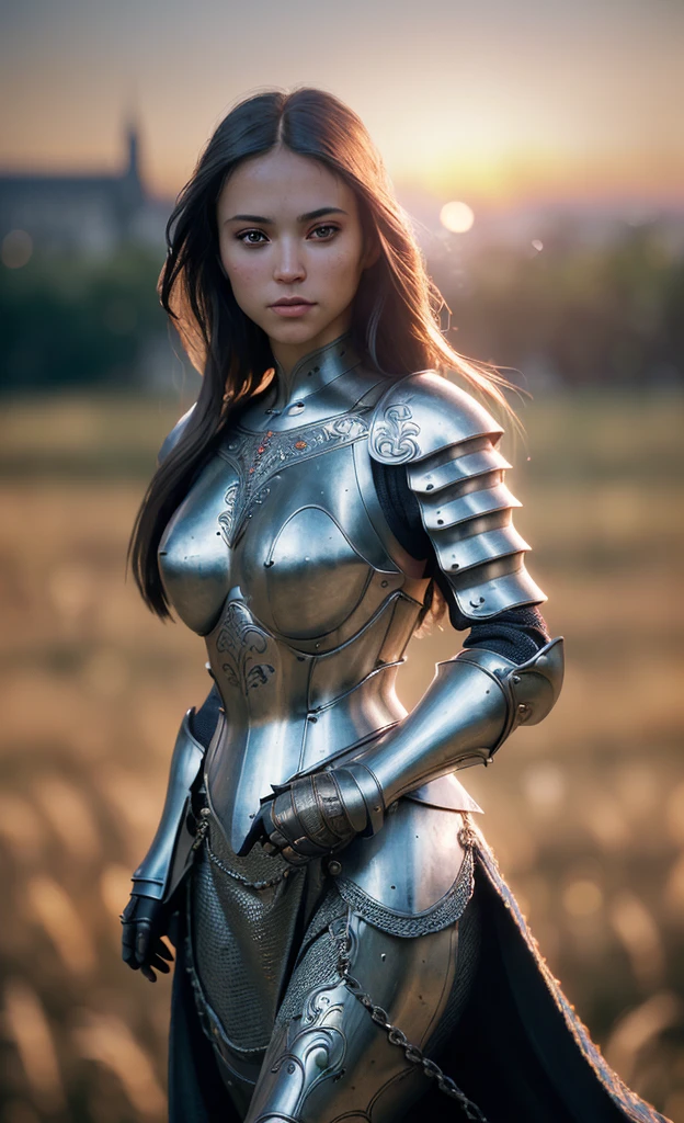 (masterpiece), (extremely intricate:1.3), (realistic), portrait of a girl, the most beautiful in the world, (medieval armor), metal reflections, upper body, outdoors, intense sunlight, far away castle, professional photograph of a stunning woman detailed, sharp focus, dramatic, award winning, cinematic lighting, octane render  unreal engine,  volumetrics dtx, (film grain, blurry background, blurry foreground, bokeh, depth of field, sunset, motion blur:1.3), chainmail