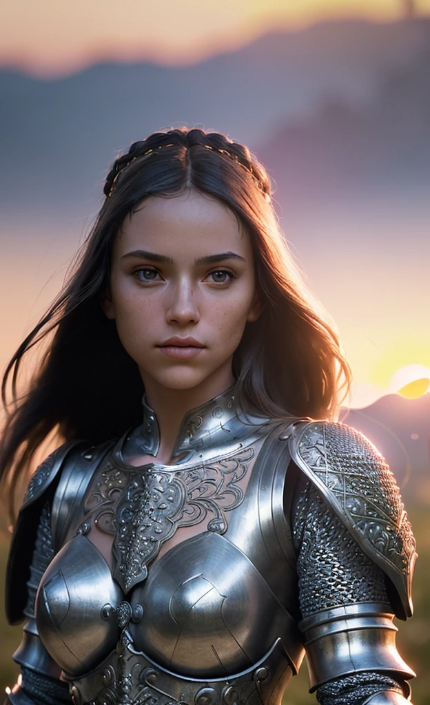 (masterpiece), (extremely intricate:1.3), (realistic), portrait of a girl, the most beautiful in the world, (medieval armor), metal reflections, upper body, outdoors, intense sunlight, far away castle, professional photograph of a stunning woman detailed, sharp focus, dramatic, award winning, cinematic lighting, octane render unreal engine, volumetrics dtx, (film grain, blurry background, blurry foreground, bokeh, depth of field, sunset, motion blur:1.3), chainmail