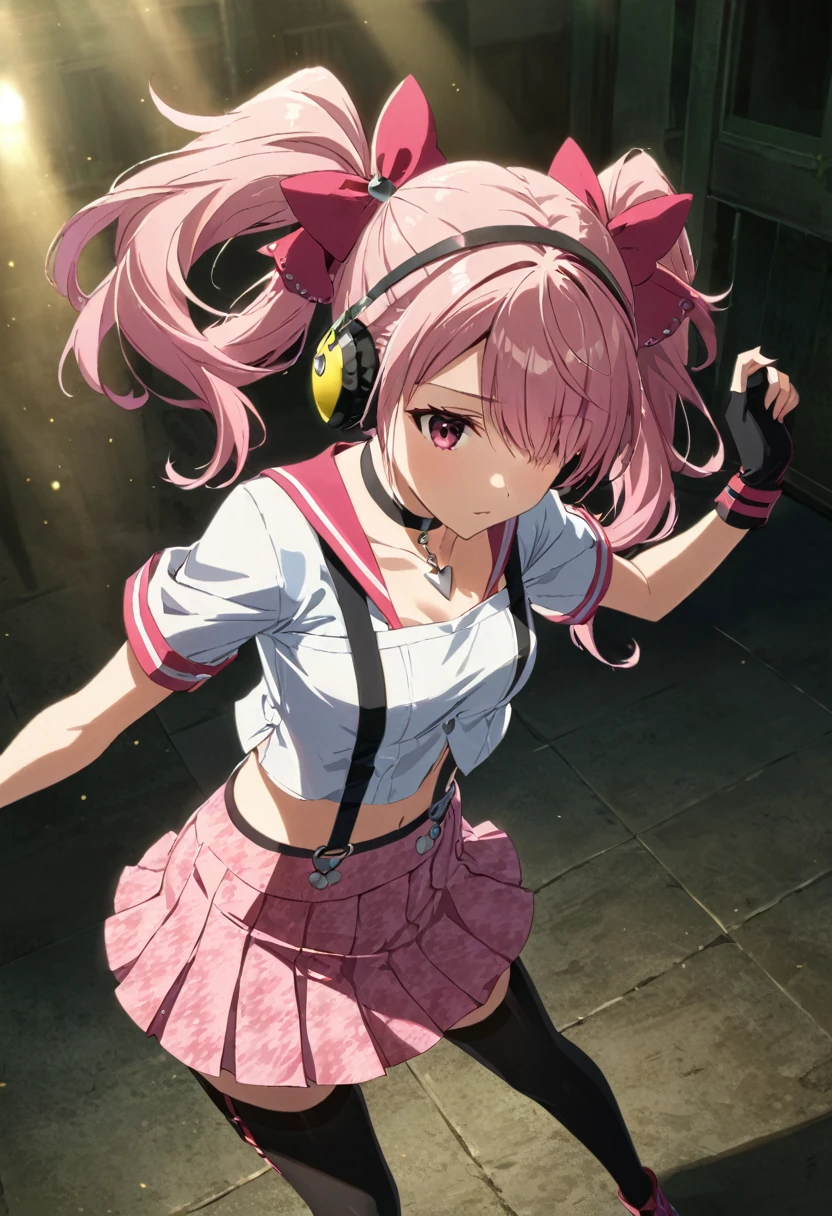 ,(mediumshot:1),kujikawadancing, twintails, hair bow, headphones, white shirt, crop top, short sleeves, suspenders, pink skirt, black thighhighs, fingerless gloves, single glove, choker, midriff, Zettai ryoiki
,v-over eyes,,cinematic angle, anime screencap:0.8, official art, masterpiece, best quality,UHD,HDR,aesthetic,very aesthetic,,