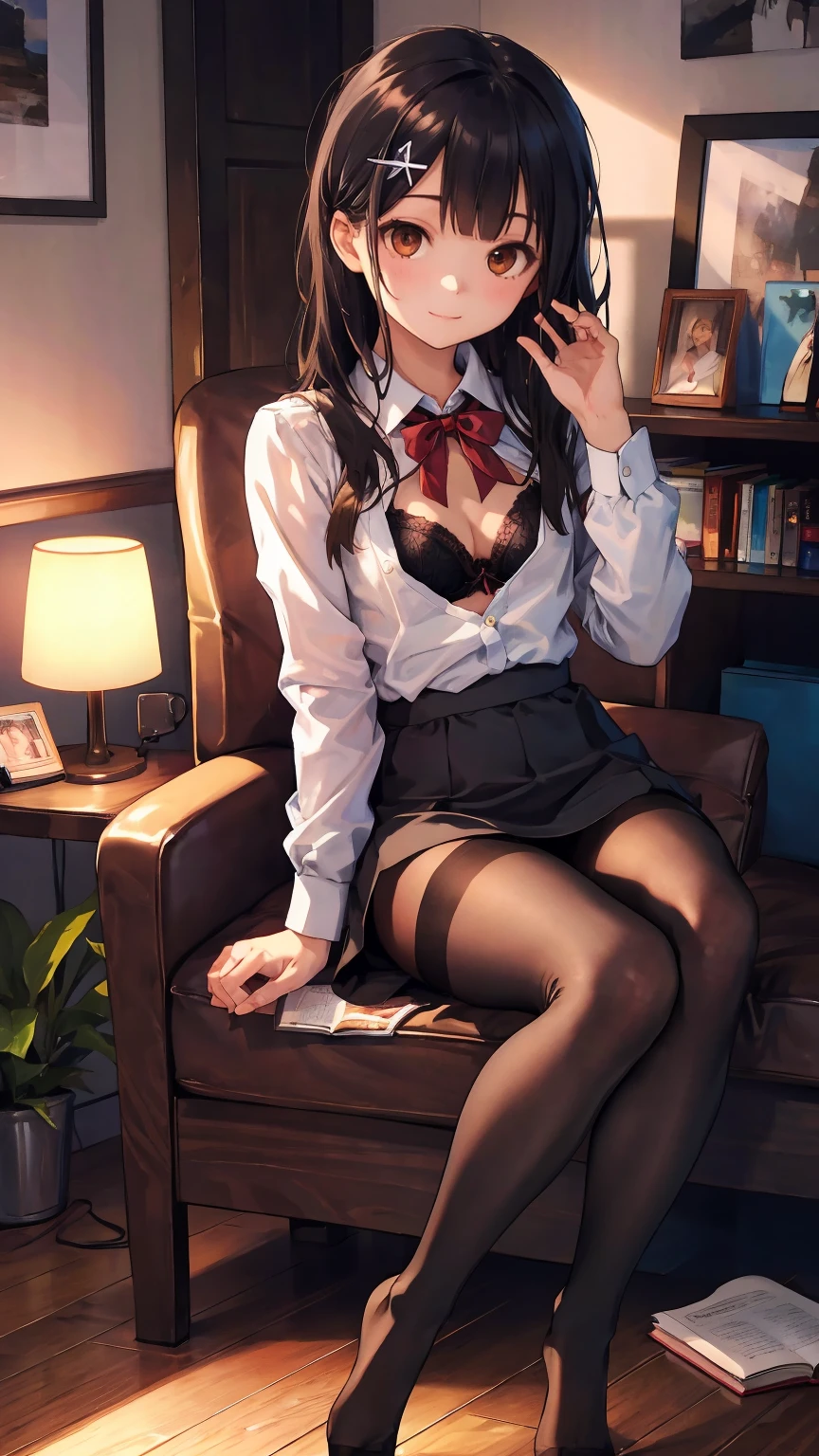 (cowboy shot:1.3),(best quality), ((masterpiece)), (highres), illustration, original, extremely detailed,dbj,1girl,(Miyu Edelfelt),****,black hair,brown eyes,small chest,x hair ornament,solo,expressionless,book, pantyhose, long hair, shirt, no shoes, crossed legs, sitting, cat, plant, brown eyes, solo, underwear, indoors, bow, bookshelf, potted plant, bra, breasts, bowtie, white shirt, looking at viewer, black hair, black pantyhose, chair, smile, wooden floor, dress shirt, no pants, thighband pantyhose, armchair, lamp, long sleeves, sparkle, black bra, collared shirt, cleavage, bangs, small chest,couch,