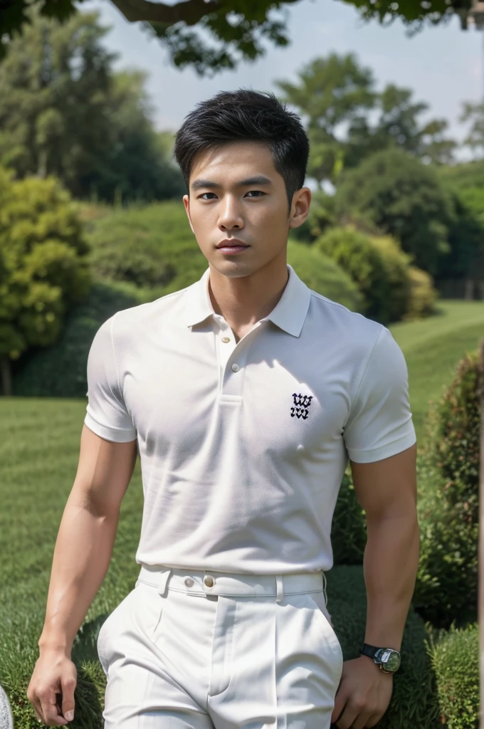 25 year old muscular Asian man, The face looks like that of an Indonesian artist., Bold and cool, Wear a tight white polo shirt., chest visible, Wear black trousers., ((in wonderland)), Pose, Photo model, Very high quality, Very high resolution,