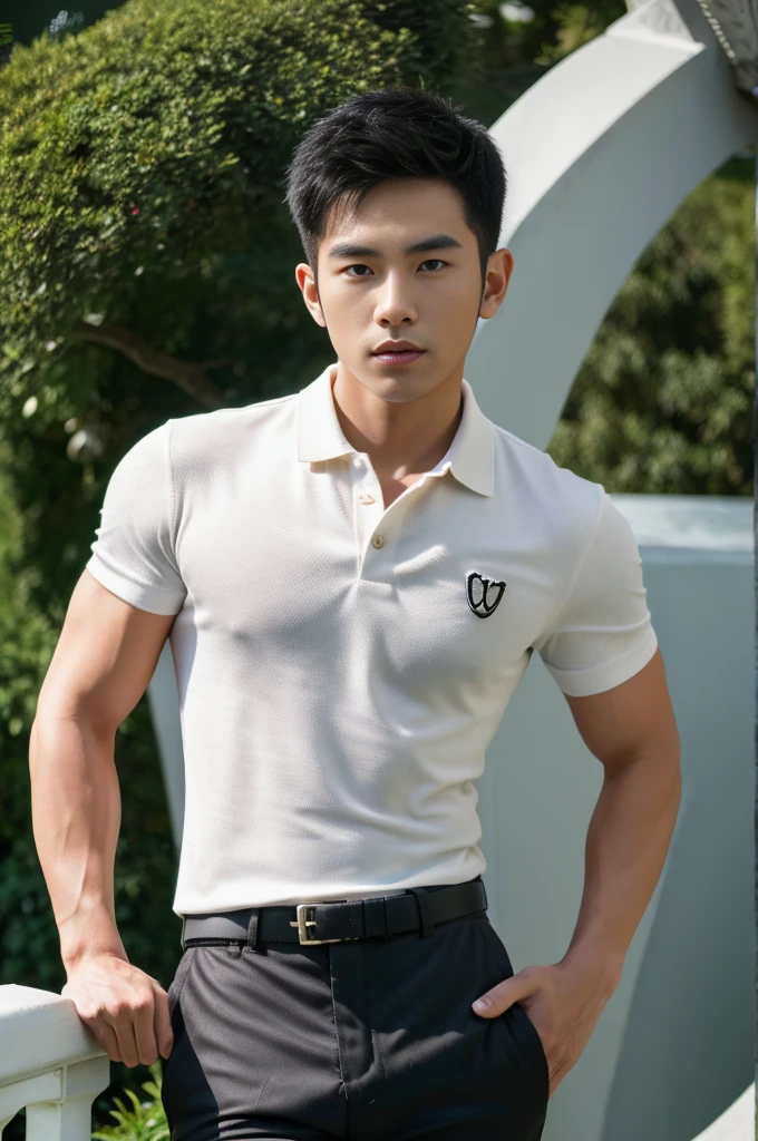 25 year old muscular Asian man, The face looks like that of an Indonesian artist., Bold and cool, Wear a tight white polo shirt., chest visible, Wear black trousers., ((in wonderland)), Pose, Photo model, Very high quality, Very high resolution,