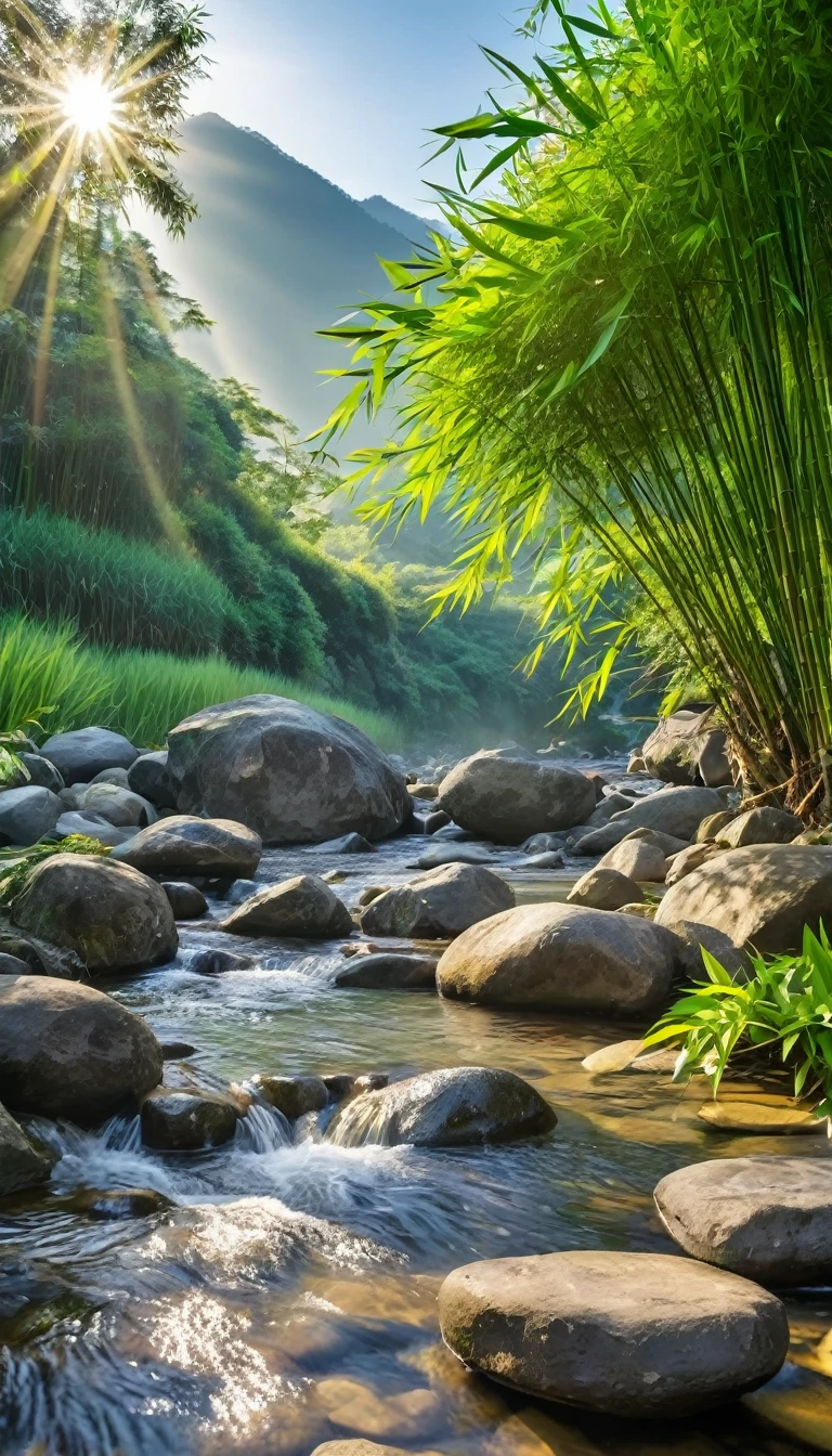 Sitting on a big rock in the middle of the stream,Mountains in the distance,The foreground is a tree,Bamboo and flower plants beside the stream,calm,morning sun rays,it's foggy,