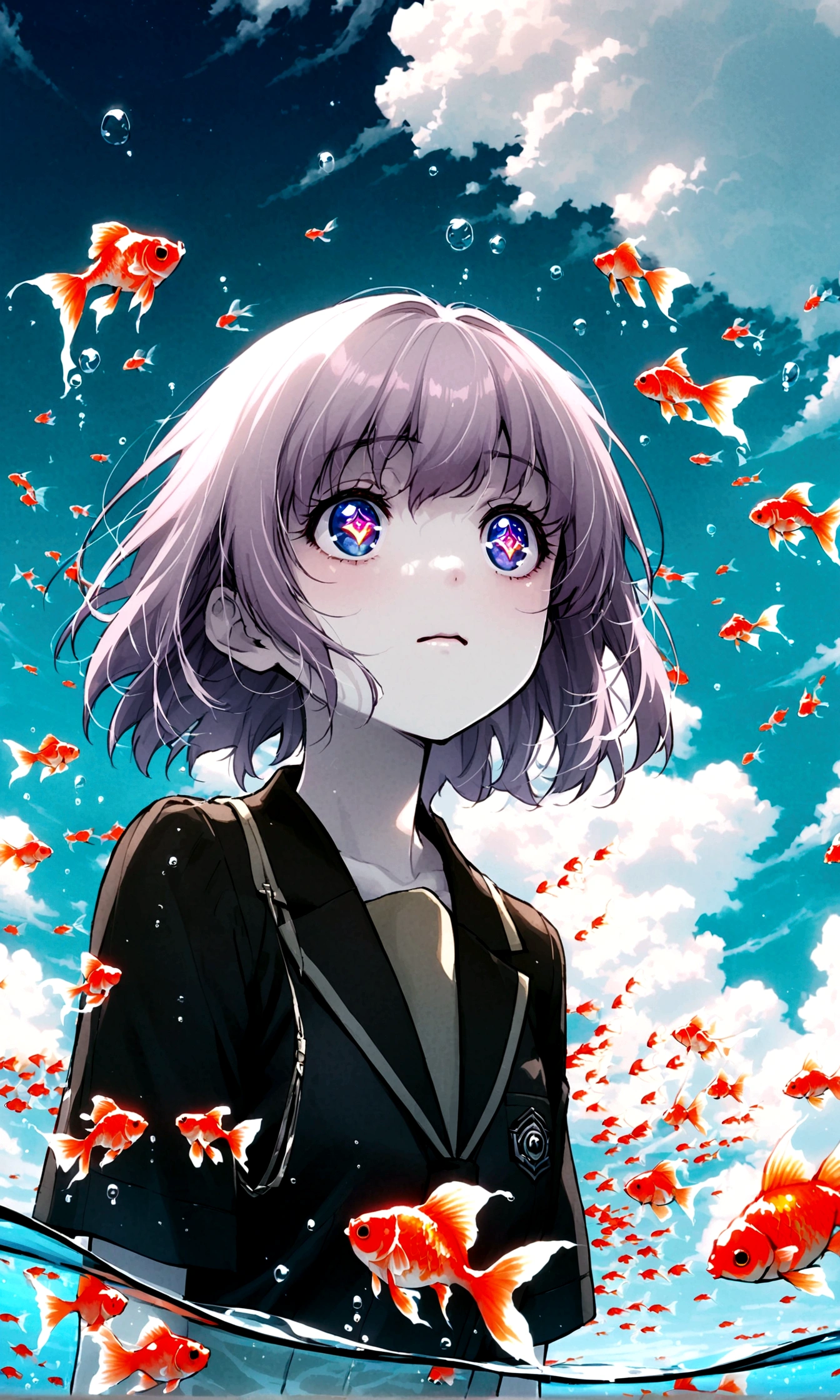 (woman\(student, 15 years old, JK, Silver flowing short hair, Cosmic eyes, Black school uniform, Pale skin, Tired face，Eyes without luster\) look up to the sky), (Many goldfish swimming in the air), Beautiful sky, Beautiful clouds, In summer，五颜六色的鲜花随处绽放 woman is at messy downtown, rest ,quality\(8K,Extremely detailed CG unit wallpaper, masterpiece,high resolution,top-quality,top-quality real texture skin,Surrealism,提high resolution,original photo,Best quality,Very detailed,wallpaper,light,Ray Tracing,Golden Ratio\),(Long Shot),