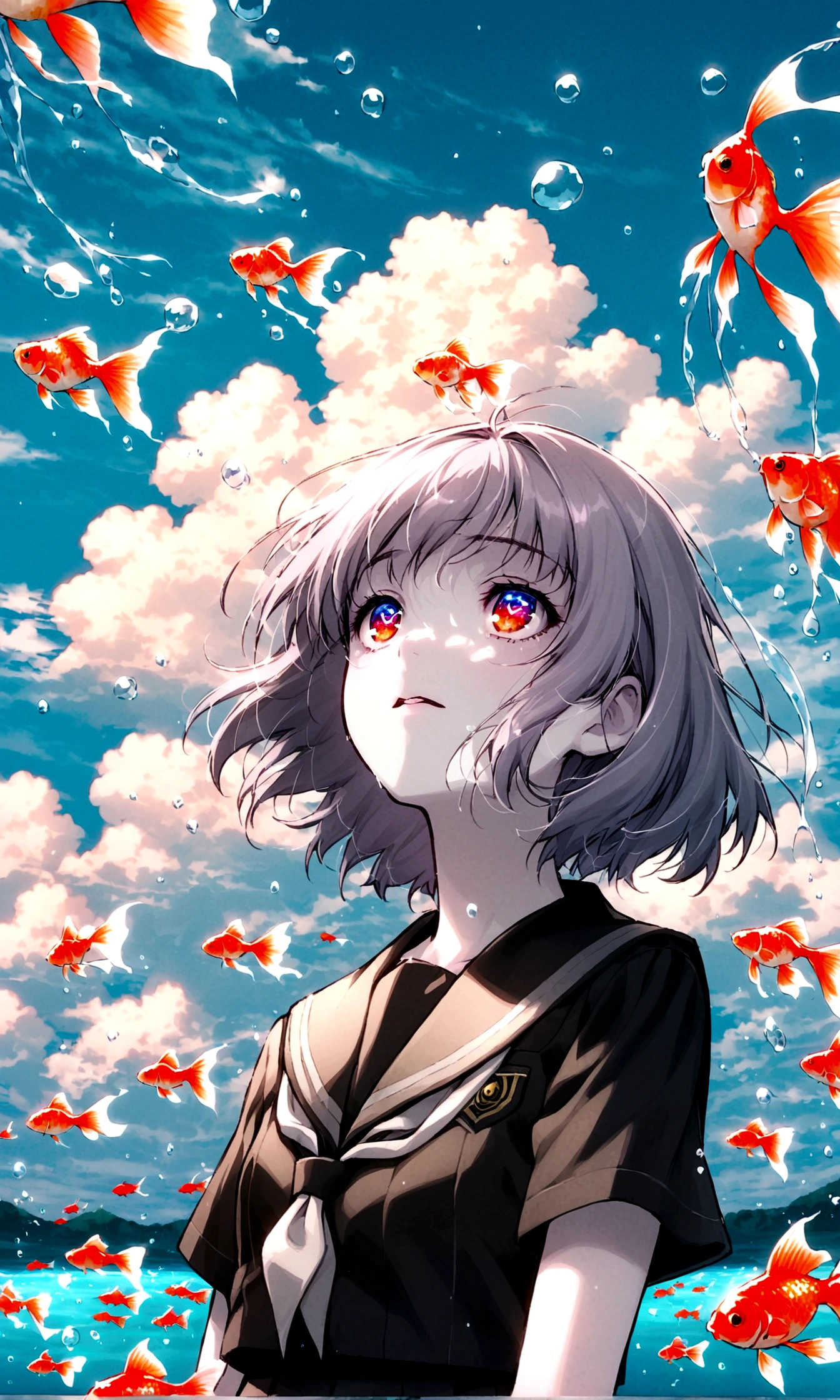 (woman\(student, 15 years old, JK, Silver flowing short hair, Cosmic eyes, Black school uniform, Pale skin, Tired face，Eyes without luster\) look up to the sky), (Many goldfish swimming in the air), Beautiful sky, Beautiful clouds, In summer，五颜六色的鲜花随处绽放 woman is at messy downtown, rest ,quality\(8K,Extremely detailed CG unit wallpaper, masterpiece,high resolution,top-quality,top-quality real texture skin,Surrealism,提high resolution,original photo,Best quality,Very detailed,wallpaper,light,Ray Tracing,Golden Ratio\),(Long Shot),